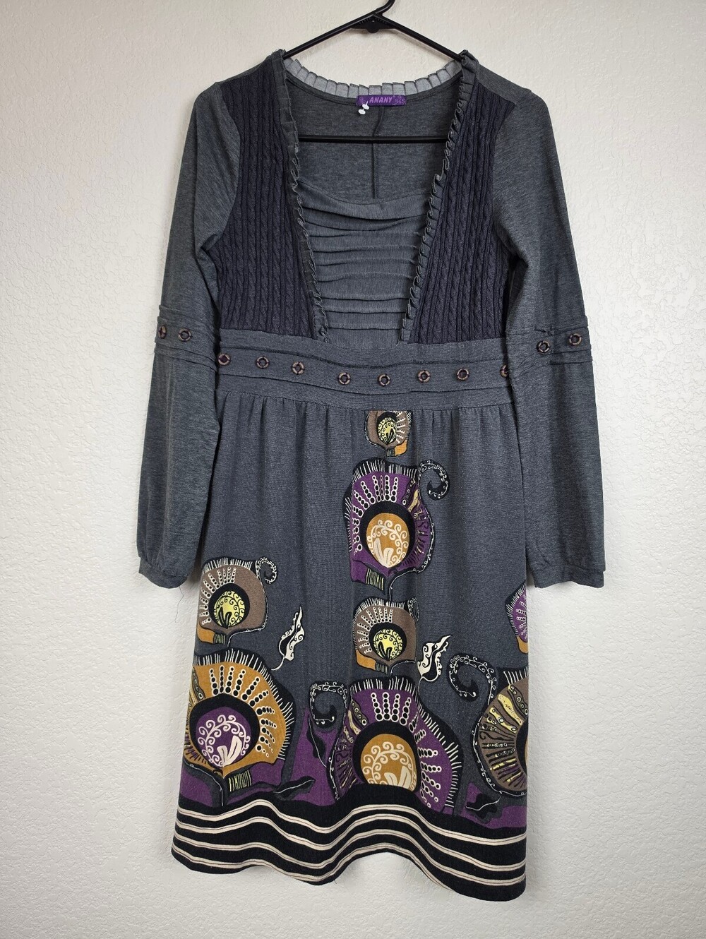 Vintage Anany Gray Floral Patterned Long Sleeve Dress